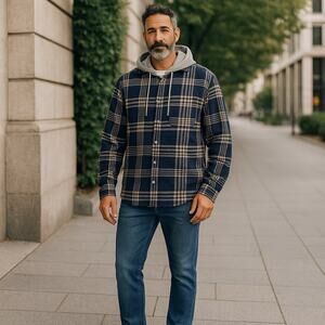 EDGAR + ASH Men’s XL Blue Tan Hooded Button Down Flannel